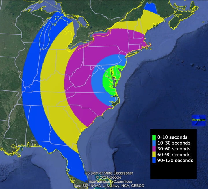 This map shows when a rocket may be visible after launch from NASA's Wallops Airport.  Two clouds of steam will form north of Bermuda about 9 minutes and 30 seconds after launch as part of the operation, and may also be visible from the eastern United States and Bermuda.