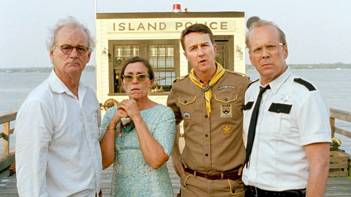 Bill Murray, Frances McDormand, Edward Norton, and Bruce Willis in Moonrise Kingdom