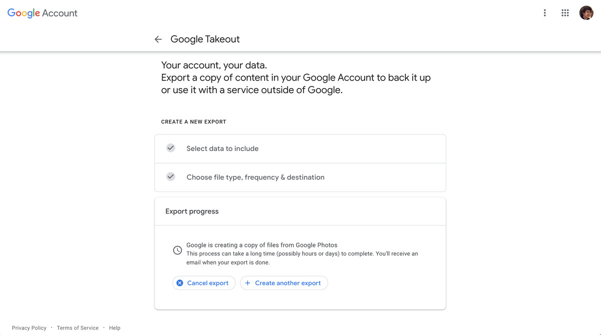 Google warns that taking a link to your exported files may take some time.