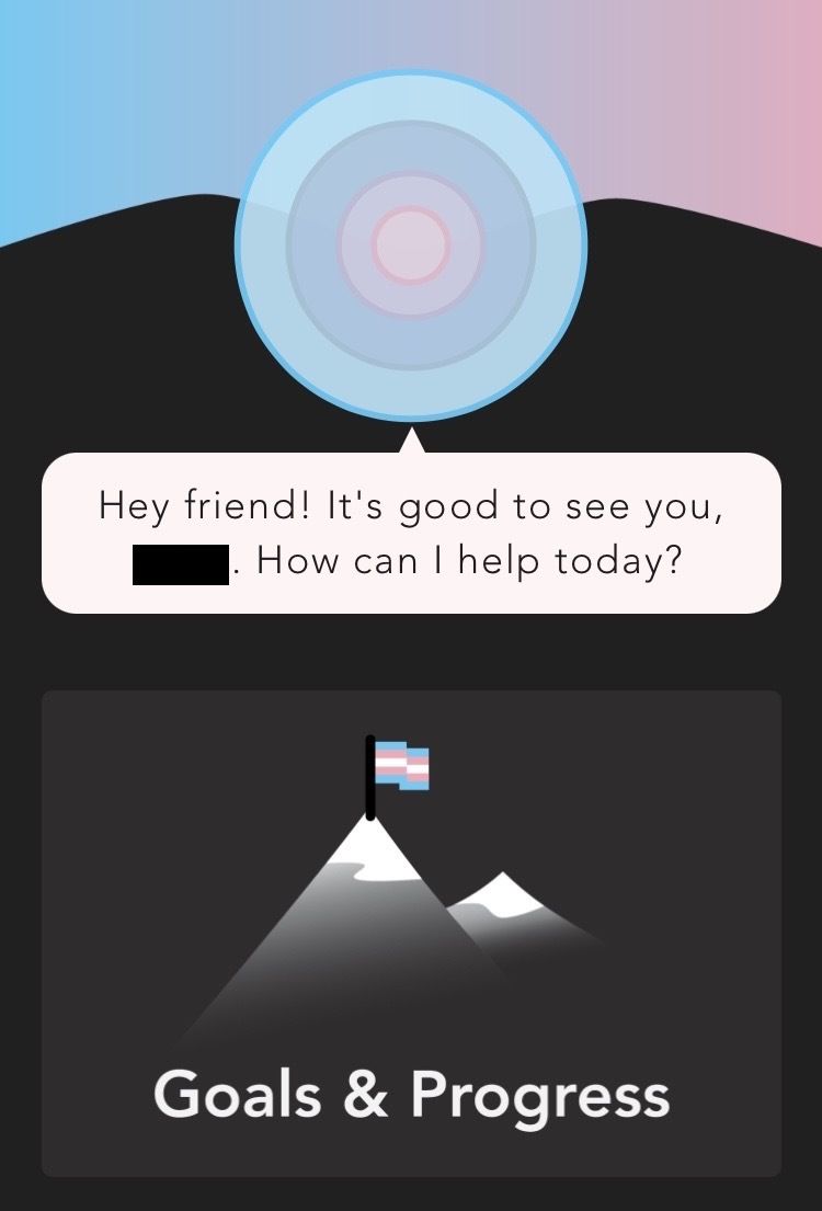 A word bubble that says “Hey friend! It’s good to see you, [name]. How can I help today?” The bubble is coming from a circle that is pink in the center with concentric circles that become blue at the edge. Underneath is a simple illustration of a mountaintop with a trans flag at the top, labeled “goals and progress.”