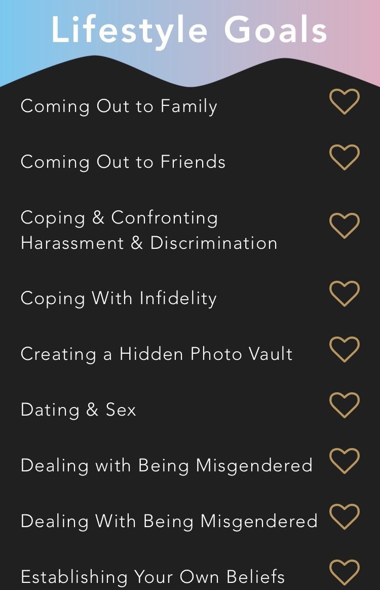 A list of goals including: coming out to family, coming out to friends, coping and confronting harassment and discrimination, coping with infidelity, creating a hidden photo vault, dating and sex, and dealing with being misgendered. The misgendered goal appears twice.