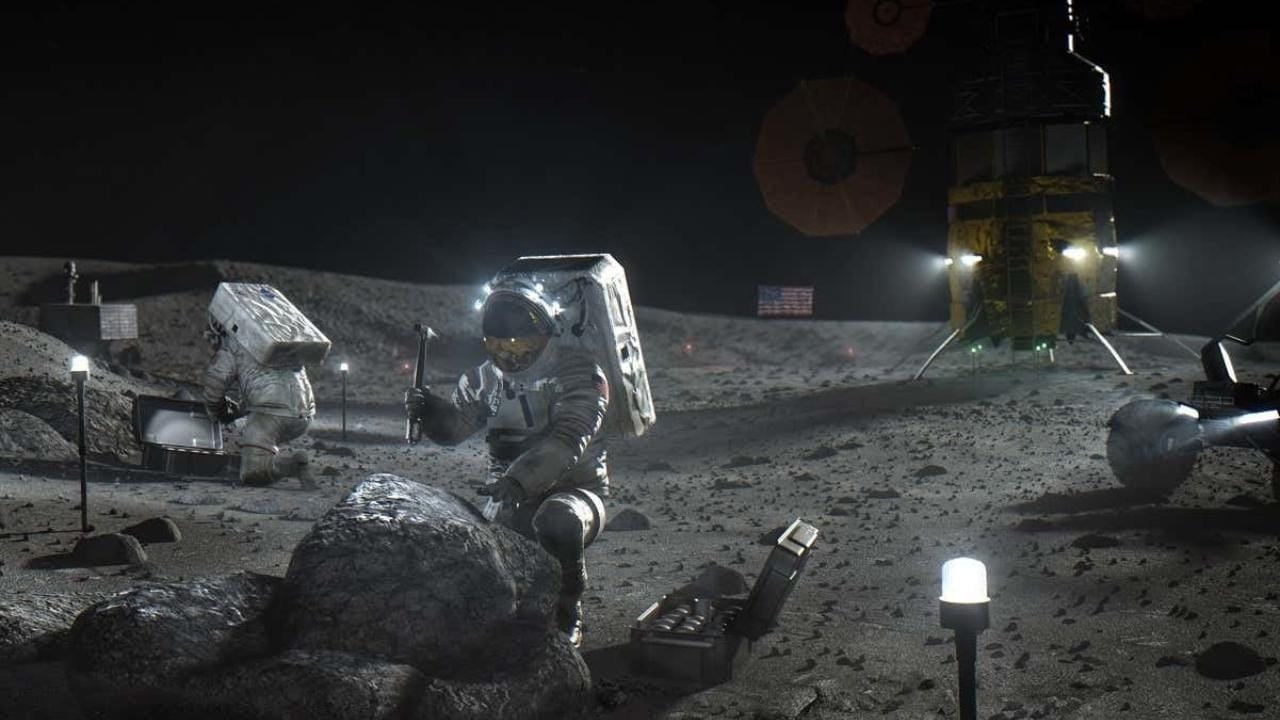 This image, released by NASA in April 2020, depicts Artemis astronauts on the Moon.  On Thursday, April 30, 2020, NASA announced three companies that will develop, build, and fly lunar landing planes with the goal of returning astronauts to the moon by 2024.  The companies are SpaceX, led by Elon Musk;  Blue Origin, founded by Jeff Bezos of Amazon;  and Dynetics, Huntsville, Ala., a subsidiary of Leidos.  (Via NASA AP)