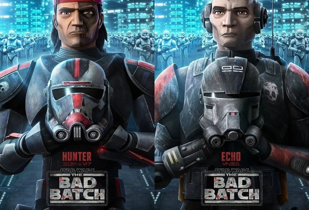Bad Batch posters and character introductions highlight Hunter and Echo