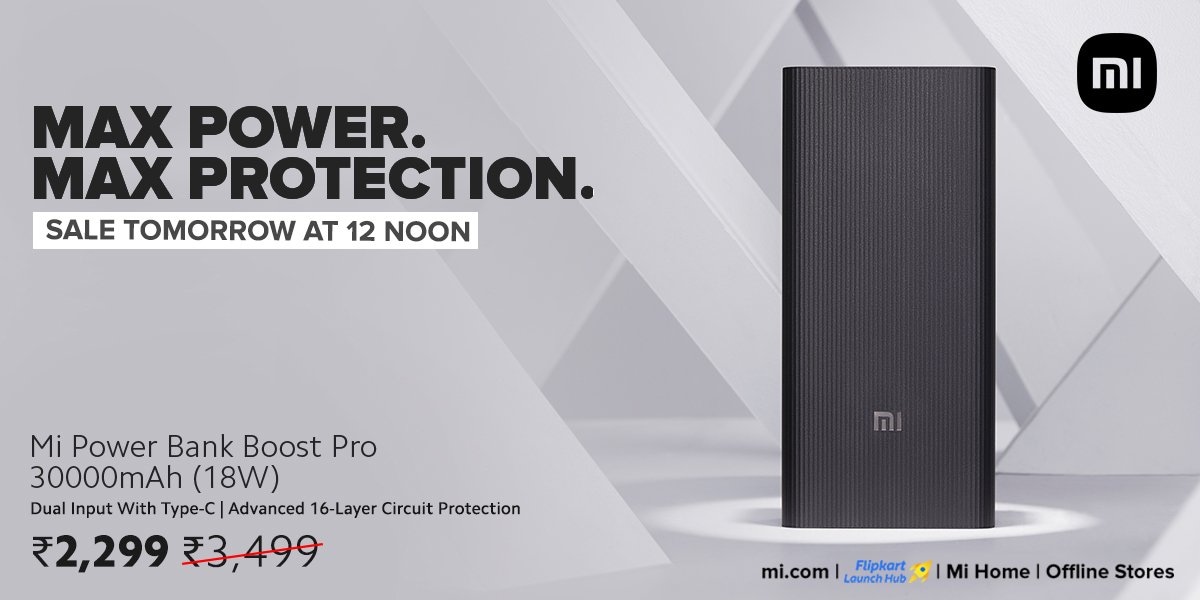 Mi Boost Pro power bank with a capacity of 30,000 mAh for sale in India from 21 May
