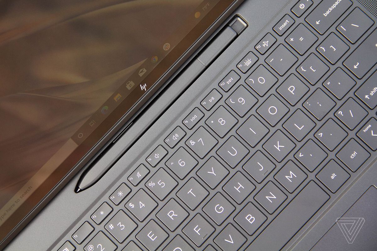 The HP Elite Folio pen and top bezel are at an angle to the left when viewed from above.