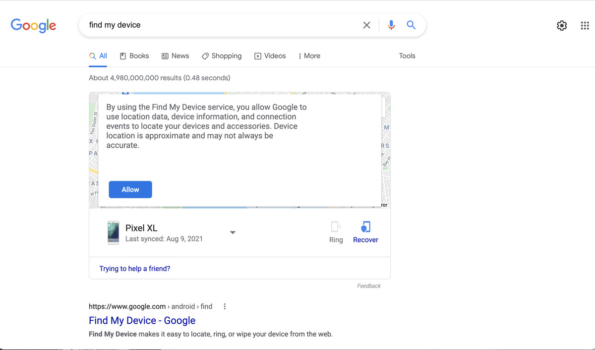 Once you've given your permission, you may be able to call your phone directly from the Google search page.