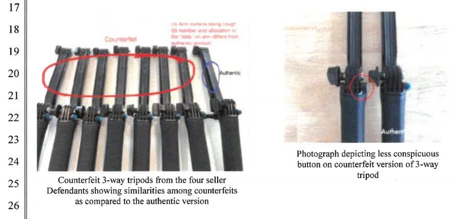 The tripod reference image shows a smaller button on the counterfeit and different dots.